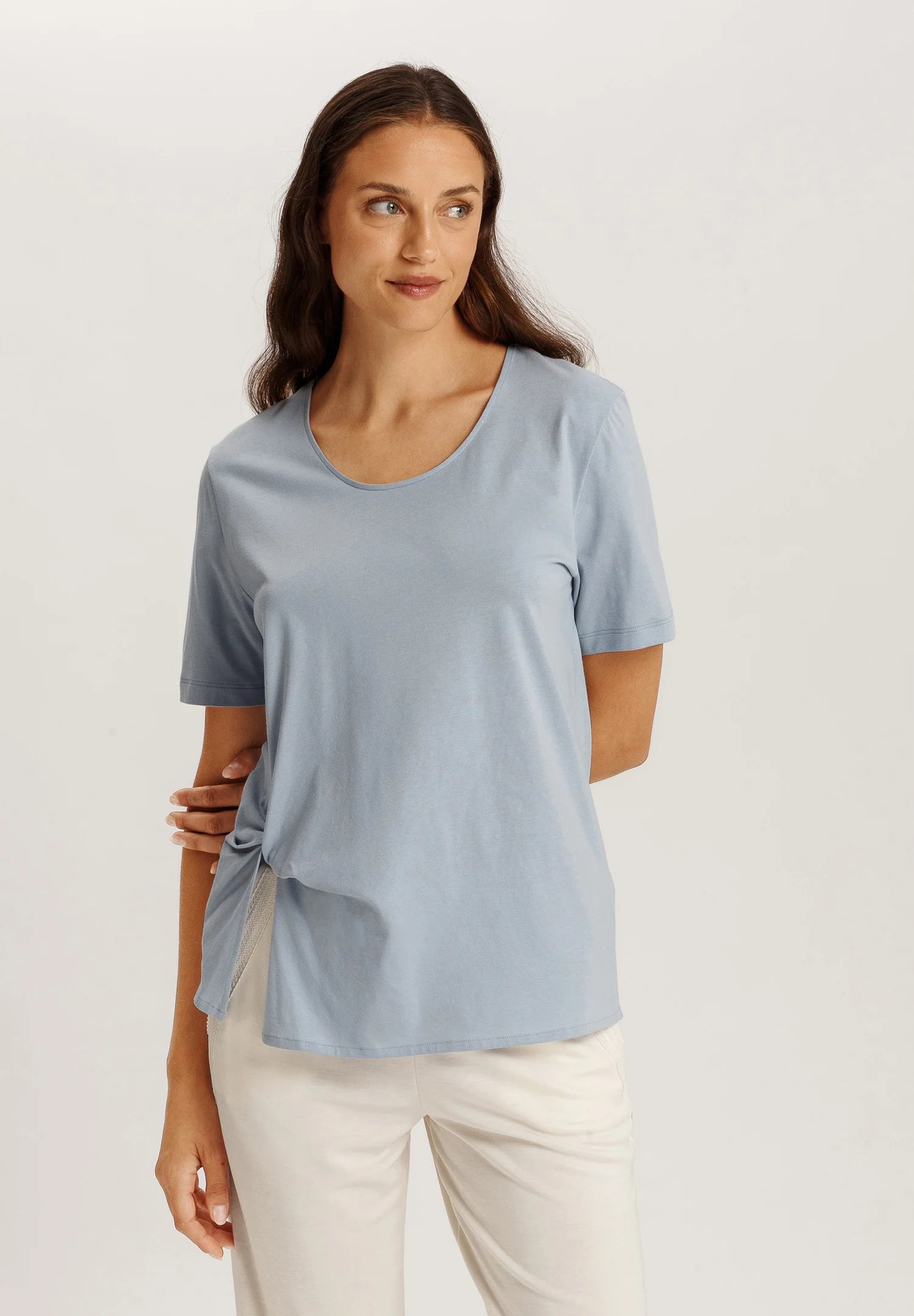 Hanro Natural Shirt Cotton Scoop Neck Top With Knot Detail - Sea Breeze