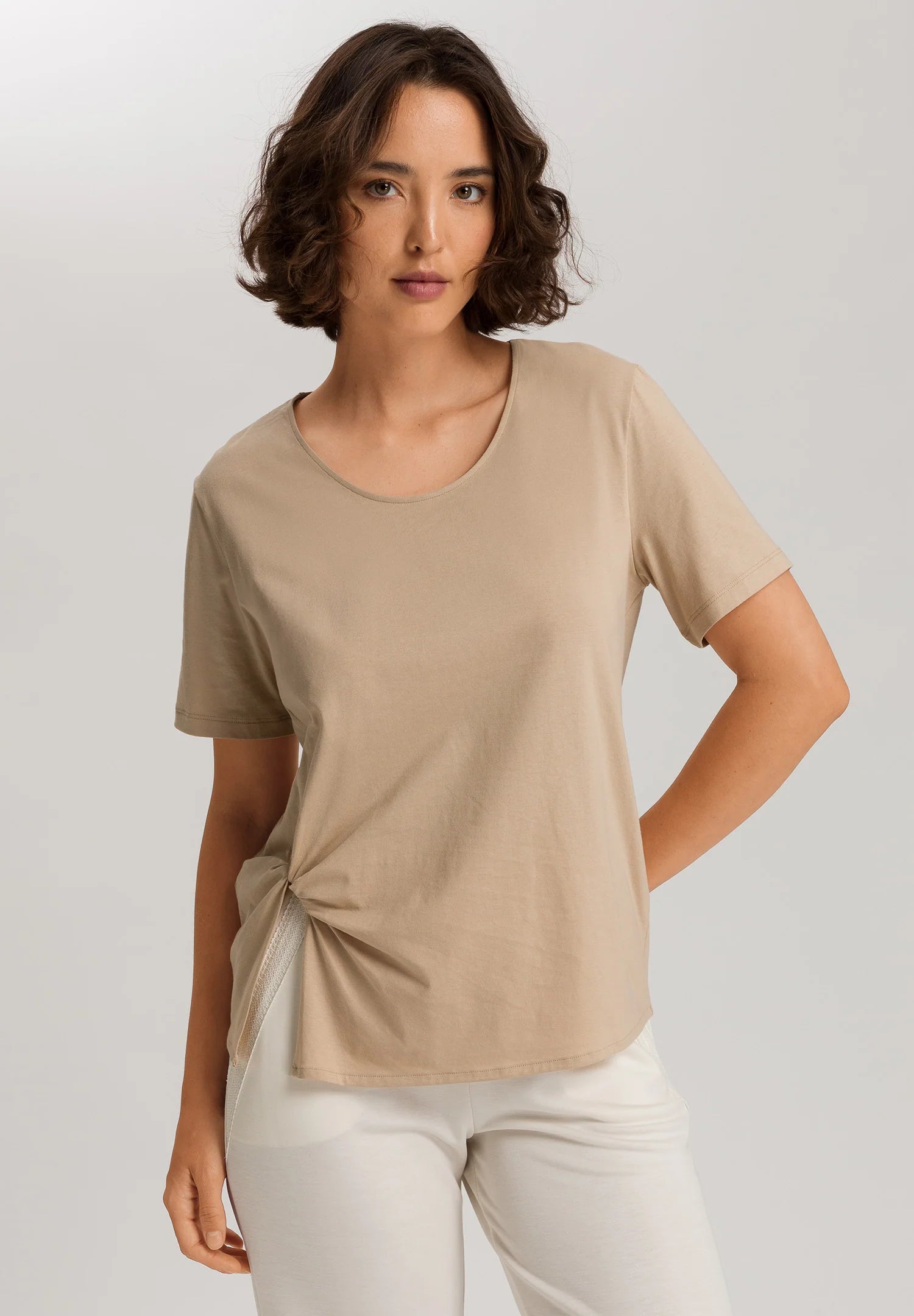 Hanro Natural Shirt Cotton Scoop Neck Top With Knot Detail - Iced Cappuccino