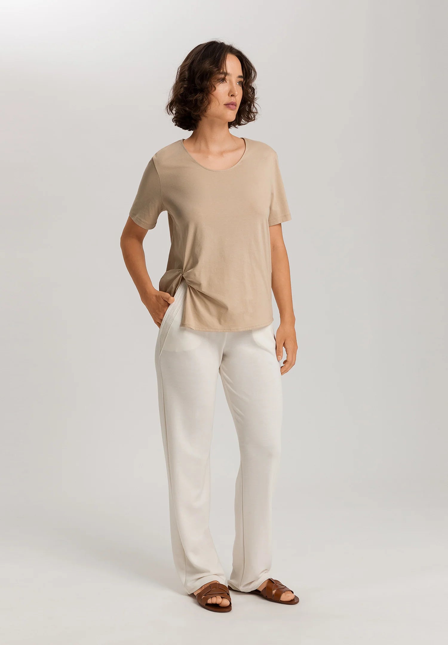 Hanro Natural Shirt Cotton Scoop Neck Top With Knot Detail - Iced Cappuccino