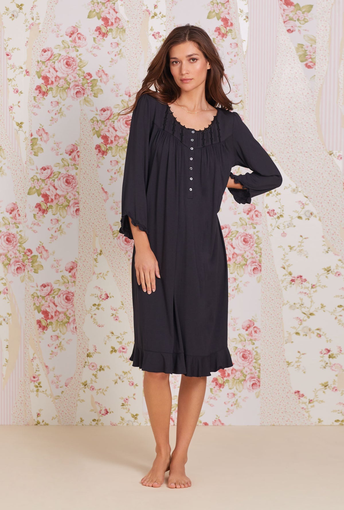 Eileen West Iconic Black Tencel™ Modal Long Sleeve Waltz Nightgown