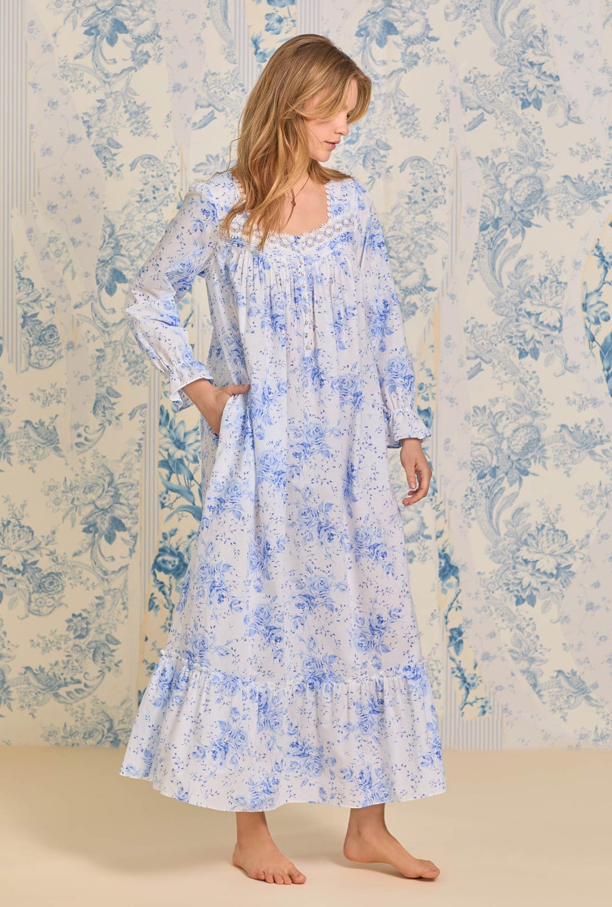 Eileen West Romantic Blues Long Sleeve Cotton Nightgown