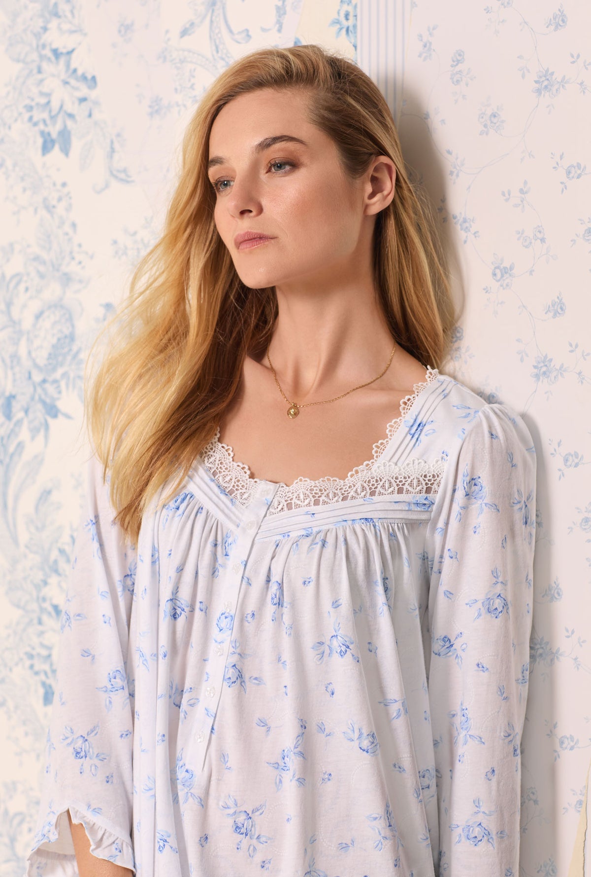 Eileen West Tencel Blue Rose Cotton Modal Long Sleeve Nightgown