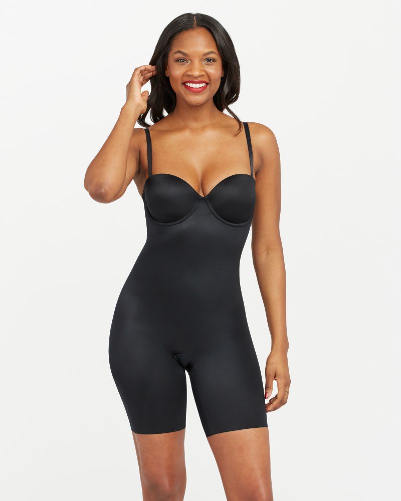 clearance sale online Spanx Suit Your Fancy Strapless Cupped Mid Thigh  Bodysuit In Black Size XL